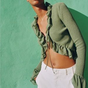 Zara Olive Green Ruffle Knit Top - NEW